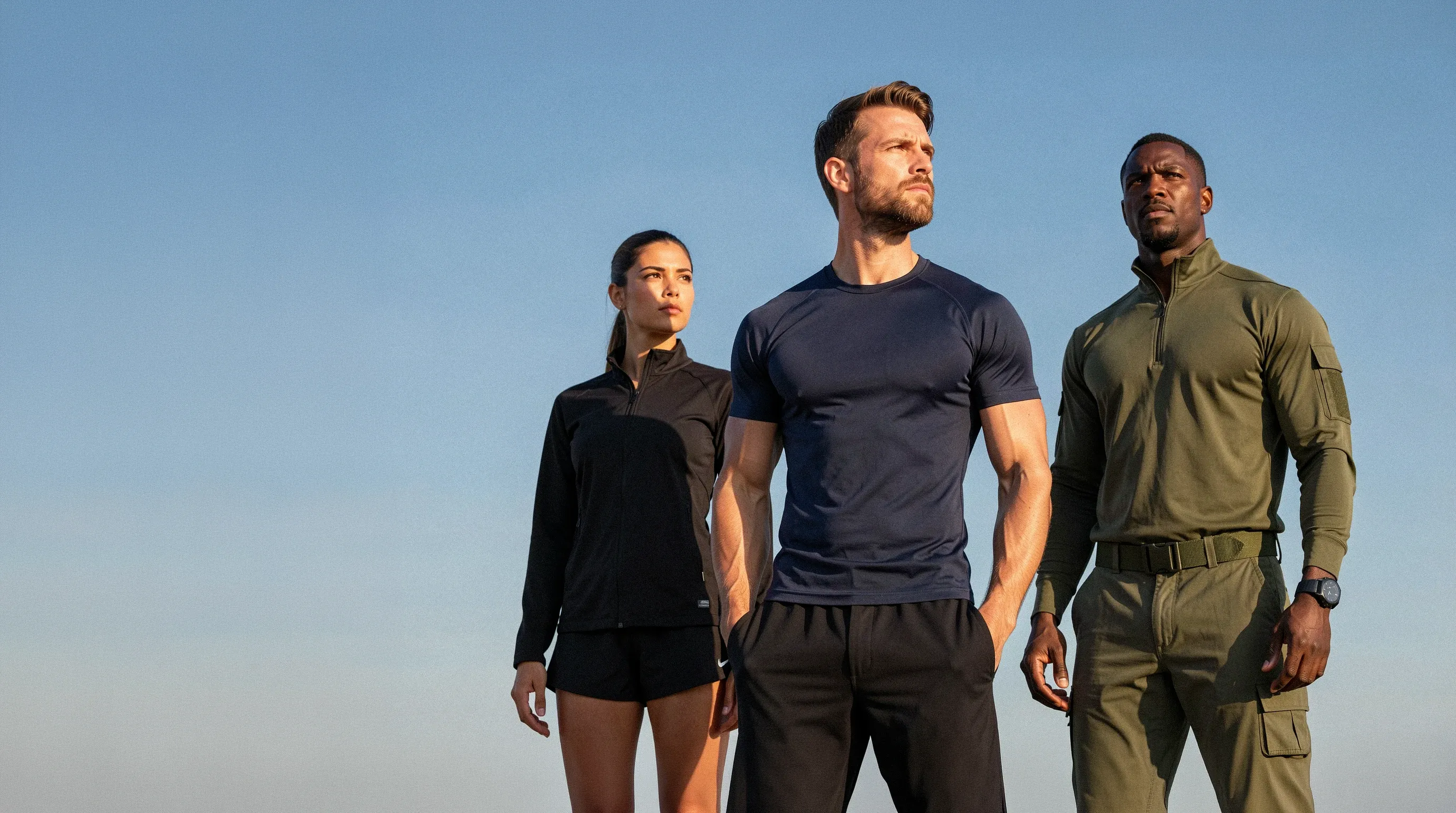 Three people standing confidently against a clear sky